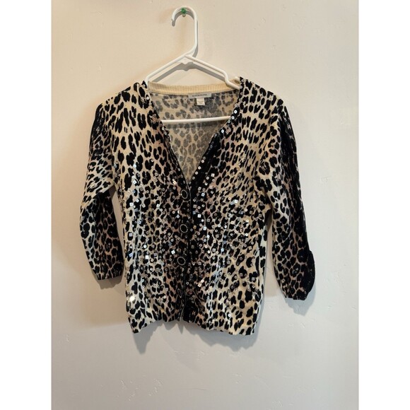 Boston Proper Sequin Leopard Print Button Up Cardigan XXS - Picture 1 of 3